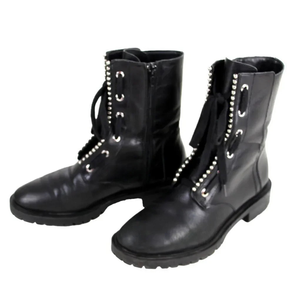 Zara BLACK GENUINE LEATHER ZIP SIDE LACE UP LOW HEEL ROUND TOE ANKLE BOOTS Sz 37